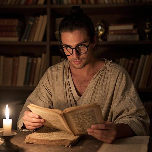 Photograph of a man with tied-back hair, glasses, and a beige tunic, reading an old book by candlelight in a dimly lit