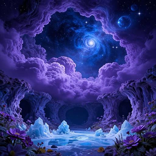 Digital art: Magical, glowing cavern with purple clouds, luminescent moon, starry sky, icy blue water, and vibrant flowers in foreground.