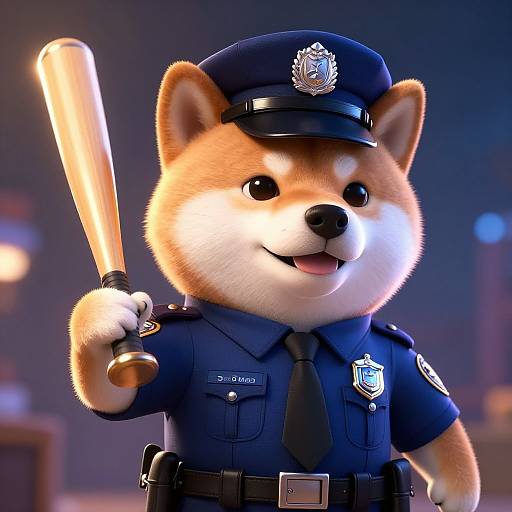 CGI image of an anthropomorphic Shiba Inu dog in a blue police uniform, holding a glowing baseball bat, smiling. Background is a blurred