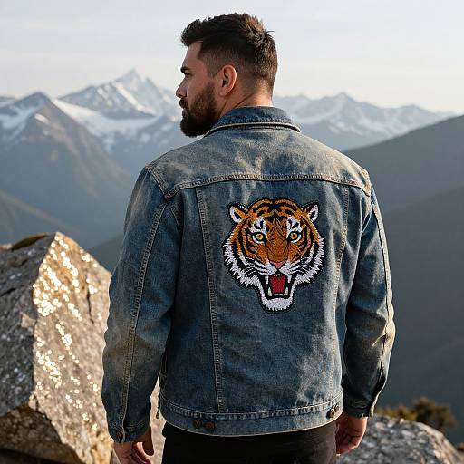Photograph of a bearded man with short brown hair, wearing a denim jacket with a vivid tiger graphic on the back, standing in a mountainous