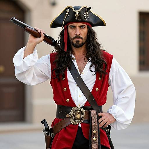 Photograph of a rugged, bearded man with long black hair, wearing a pirate hat, red vest, white shirt, and brown belt, holding