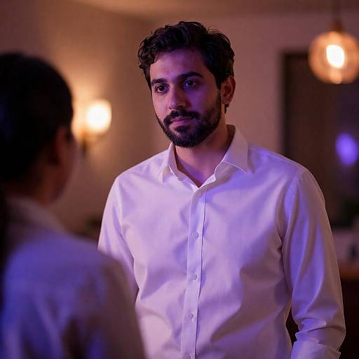 Man in White Shirt with Purple and Orange Lighting