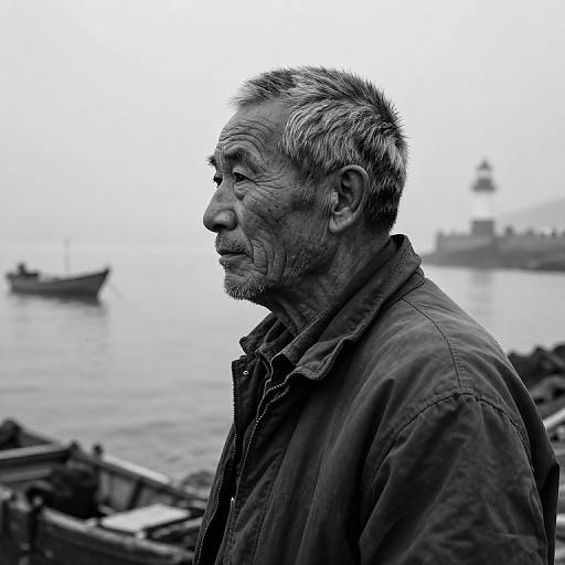 Black-and-white photograph of an older man with gray hair and a beard, profile view, wearing a jacket, by a blurry sea with a boat and