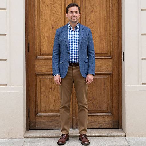 Man in Blue Blazer by Wooden Door