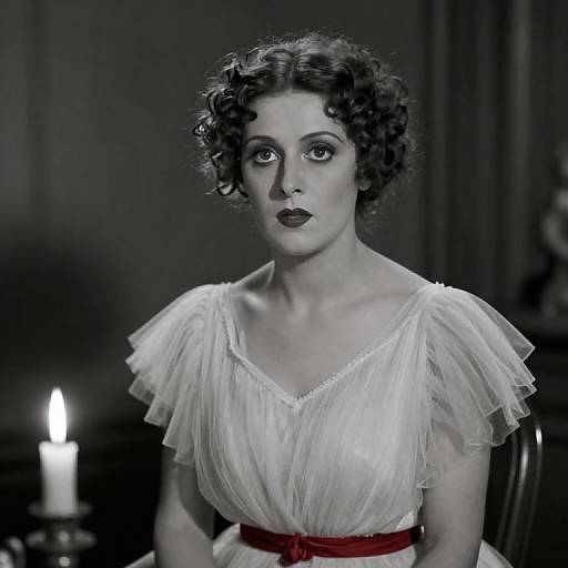 Vintage photograph of a pale-skinned woman with short, curly black hair, wearing a white, sheer, ruffled dress with a red belt, illuminated