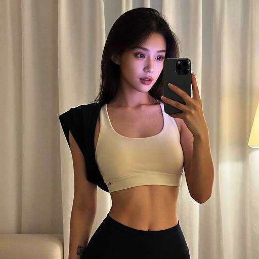 Young Asian woman with long black hair, wearing a white sports bra and black top, taking a mirror selfie in a well-lit room with white curtains