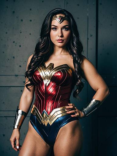 Photorealistic digital artwork of Wonder Woman with long black hair, red and gold corset, blue briefs, silver bracelets, and tiara,