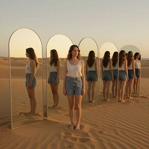Photograph of a young woman with long brown hair, wearing a white tank top and blue denim shorts, standing in a desert, reflected in six ar