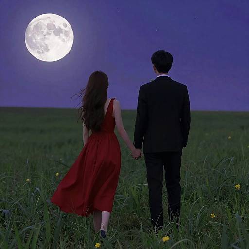 Photograph of a couple holding hands, facing away, under a bright full moon in a dark blue night sky, standing in a grassy field with