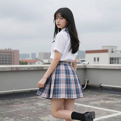 Asian Woman in Plaid Skirt on Rooftop