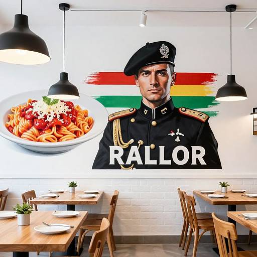 Photograph of a modern restaurant with a large mural of a stern Indian naval officer in a black uniform, 