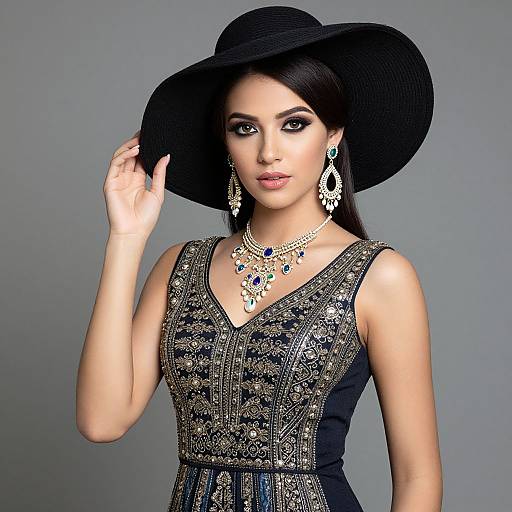 Photograph of a stylish woman with dark hair, wearing a black wide-brimmed hat, intricate navy dress with silver embroidery, and ornate jewelry