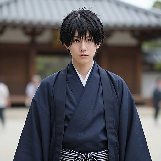 Photograph of a young East Asian man with black, spiky hair, wearing a black kimono with white trim, standing in front of a traditional