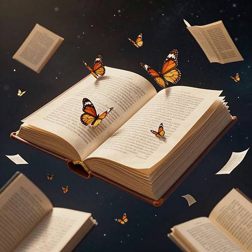 Illustration: Floating open book with glowing pages, surrounded by orange and black butterflies, and scattered pages against a starry dark background.