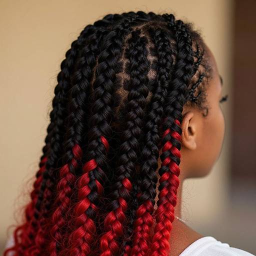 Photograph of a Black woman with intricate black and vibrant red braided hair, viewed from the side, against a blurred beige background.