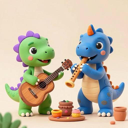 Photograph of two colorful, cartoon-style dinosaur toys; green one plays guitar, blue one plays trumpet, with a small plate of cupcakes between them.