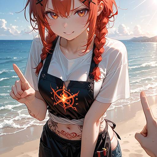 Red-Haired Girl in Apron Pointing at Viewer on Beach