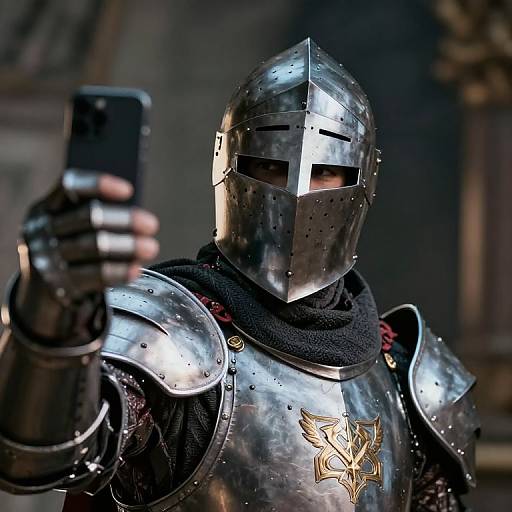 Photograph of a knight in medieval steel armor with a helmet taking a selfie with a smartphone, black scarf, and ornate chest emblem.