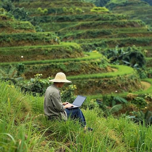 Person Working on Laptop in Terraced Hills