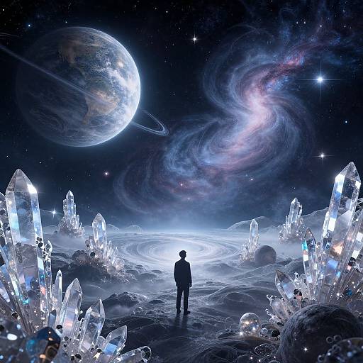 Digital art: Silhouetted figure stands amidst glowing, crystalline structures under a starry sky with a large planet and swirling galaxy. Ethereal
