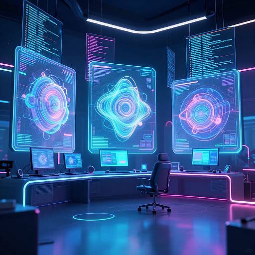 Neon-lit futuristic control room with three glowing holographic screens displaying intricate blue and pink light patterns, surrounded by desks and chairs.