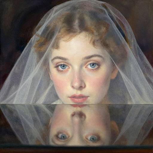 Digital painting of a young woman with blue eyes, wearing a sheer veil, reflected in a glass surface, against a dark background.
