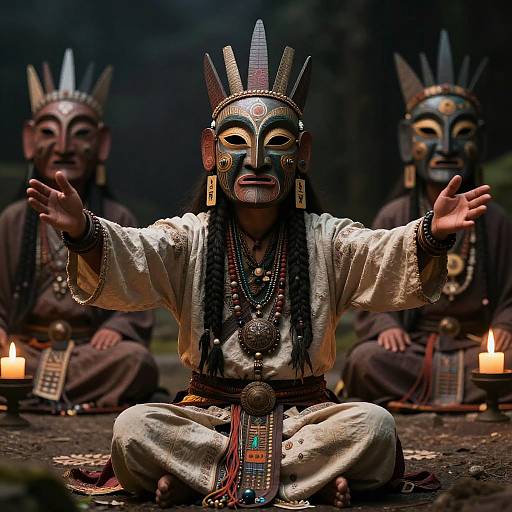 Photograph of indigenous ceremony: central figure in white robe, feathered mask, outstretched arms, surrounded by two masked figures, lit candles,