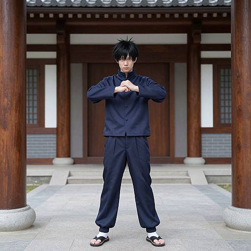 Anime-style photograph of a black-haired young man in black martial arts outfit, standing in front of traditional wooden Japanese building.