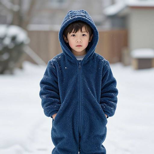 Photograph of a young Asian boy with short black hair, wearing a blue hooded fleece jacket, standing in a snowy yard.
