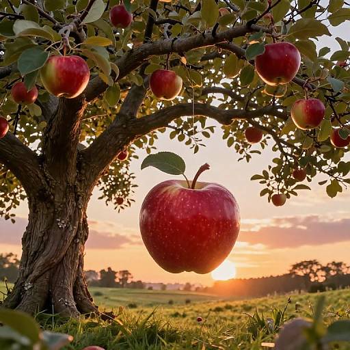 Photograph of a sunlit orchard with a large, red apple hanging from a tree, surrounded by smaller apples, against a golden sunset background.