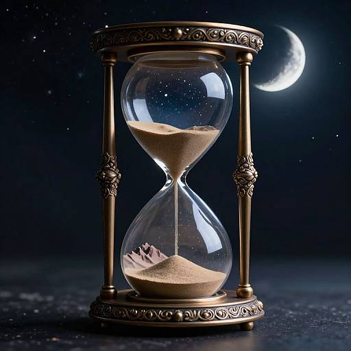 Photograph of an ornate, gold hourglass with sand, set against a dark starry night sky, with a crescent moon visible.