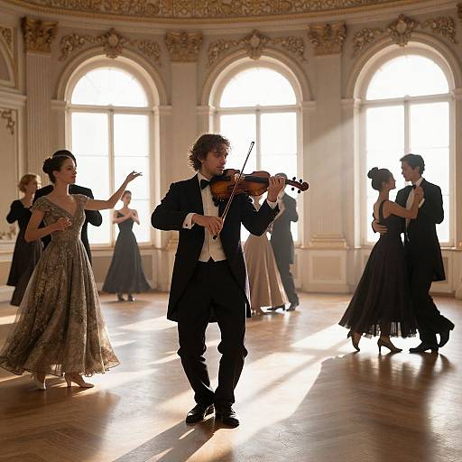 Photograph of elegant ballroom scene: male violinist in black suit, female dancers in ornate dresses, sunlight streaming through arched windows, detailed