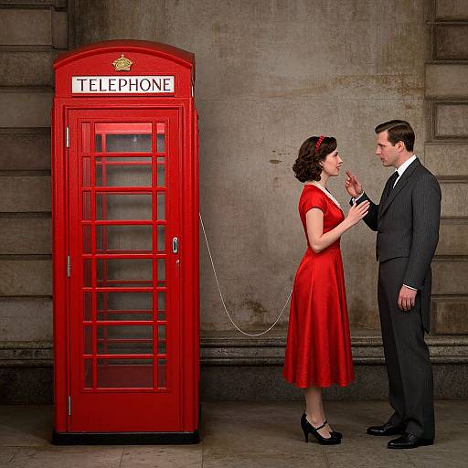 Photograph of a 1950s-style woman in a red dress and black heels, talking to a man in a black suit, standing beside a