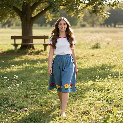 Young Woman Walking in Sunny Field
