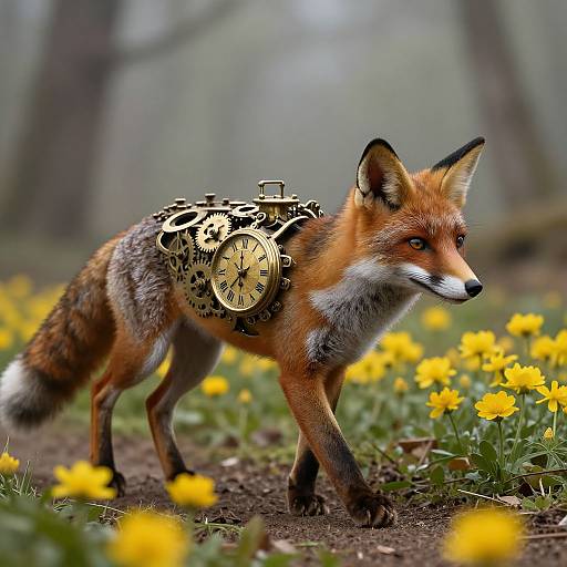 Photograph of a red fox with intricate gold clock gear strapped to its back, walking through a yellow dandelion-filled forest.