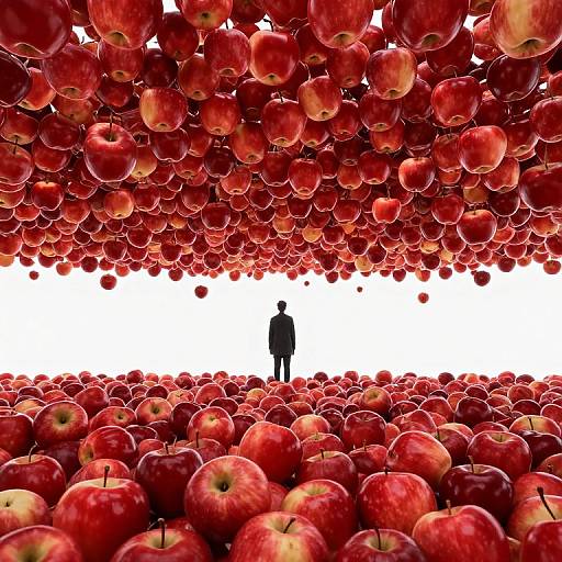 Silhouetted person stands amidst a sea and ceiling of vibrant red apples, creating a surreal, apple-filled tunnel effect. Photorealistic CGI.
