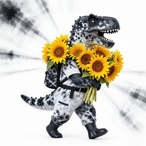 Digital artwork of a black-and-white spotted velociraptor wearing a harness, holding a bouquet of bright yellow sunflowers, with a blurred black-and-white