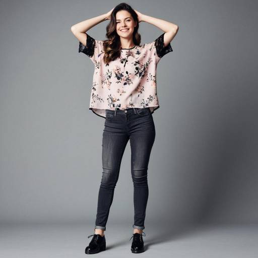 Smiling Woman in Casual Floral Blouse and Skinny Jeans