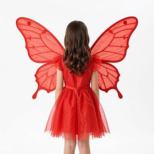 Photograph of a young girl with long brown hair, facing away, wearing a red tulle dress and large red butterfly wings, against a white background