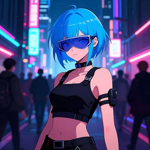 Digital anime-style drawing of a blue-haired woman in a black crop top and arm straps, wearing blue goggles, in a neon-lit, futuristic city