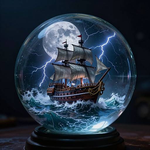 Photograph of a detailed, illuminated snow globe with a stormy sea, a dark wooden ship with billowing sails, lightning, and a bright full