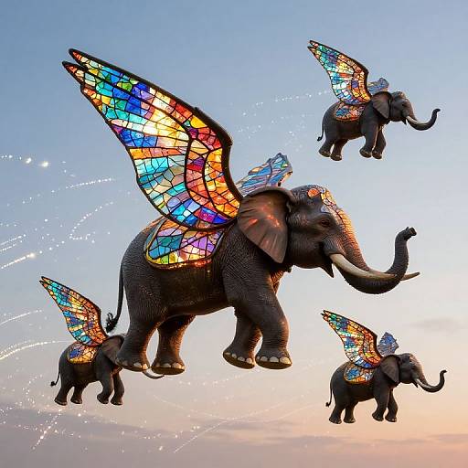 Photograph of four flying, colorful-stained-glass-winged elephants against a twilight sky, with sparkling trails and a soft gradient background.