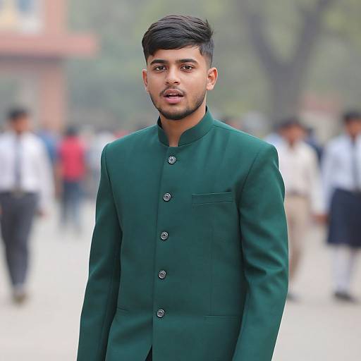 Photograph of a young South Asian man with short black hair, trimmed beard, green button-up jacket, standing outdoors, blurred background with people and trees