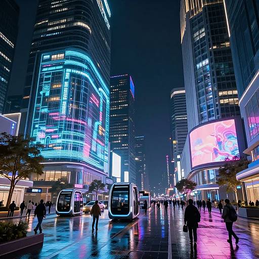 Nighttime cityscape photograph of a brightly lit, modern urban street with neon lights, high-rise buildings, people walking, and futuristic white buses.
