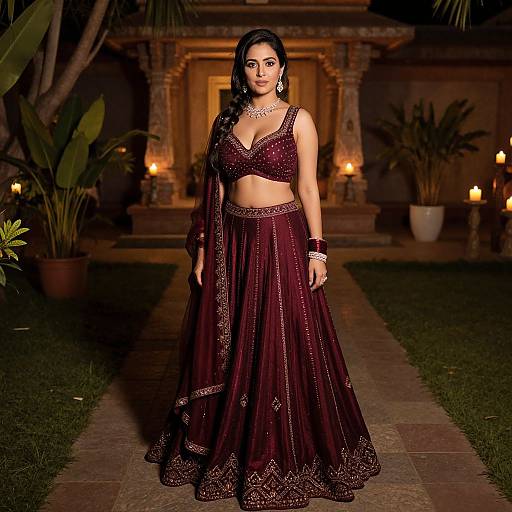 Woman in Maroon Lehenga at Night Celebration