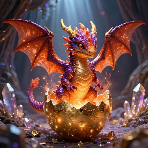 Digital art of a vibrant, purple and orange dragon with glowing horns and wings, emerging from a broken, golden egg amidst a cave with glowing crystals and