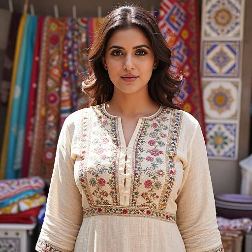 Photograph of a young Indian woman with medium brown skin, dark wavy hair, wearing an embroidered white kurta, standing in a colorful fabric shop