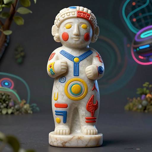 Photograph of a colorful, ceramic, totem-like statue with white marble texture, adorned with red, blue, yellow, and orange circular patterns,