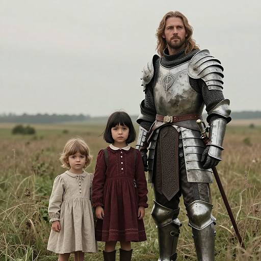 Photograph of a bearded man in medieval armor with two young girls, one in a white dress, the other in a burgundy dress, standing