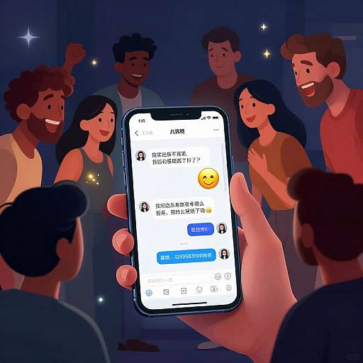 Digital illustration: Diverse group of smiling friends in a dimly lit room, seen from behind a smartphone showing a social media chat with a smiling emoji